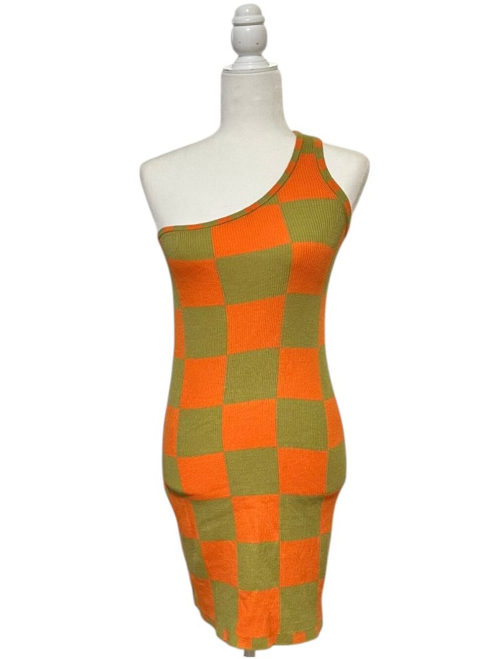 Back Beat Co. - One Shouldered  Checkered Dress - Papaya - Picture 2 of 5